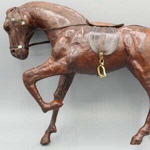 Rustic Leather Wrapped Horse Figurine Statue Equestrian 10.5x13" Glass Eyes